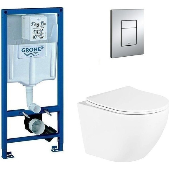 Инсталляция с подвесным унитазом комплект: Grohe Rapid SL 38772001 с подвесным безободковым унитазом BelBagno Uno BB3105CHR/SC сиденье микролифт, крепление, кнопка смыва хром, Цвет производителя: белый - фото 