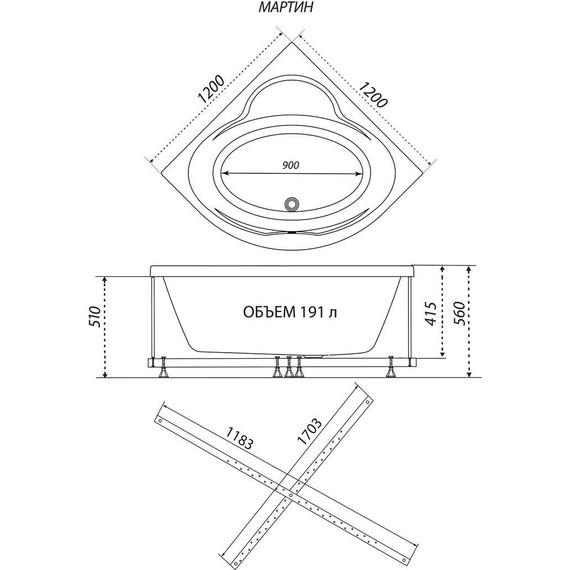 Ванна акриловая 1ACReal Мартин 120х120 см с каркасом - фото 7