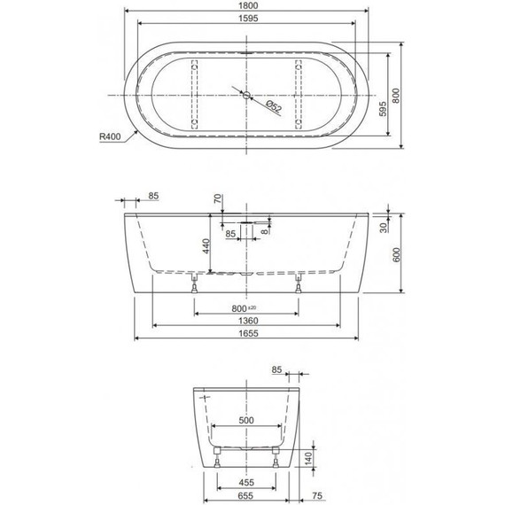 Ванна отдельностоящая Cezares Slim Central 180x80 см Slim Central-180-80-60-NERO-SET, белый/черный матовый - фото 3