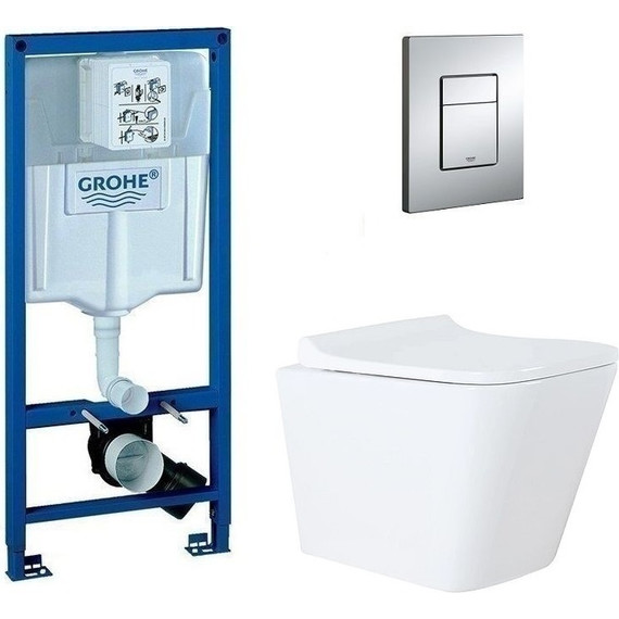 Инсталляция с подвесным унитазом комплект: Grohe Rapid SL 38772001 с подвесным безободковым унитазом Azario Teramo 0052 сиденье микролифт, крепление, кнопка смыва хром - фото 