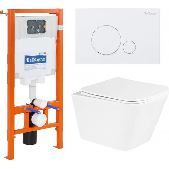 Инсталляция с подвесным безободковым унитазом BelBagno Due BB3103CHR/SC/BB002-80/BB014-SR-BIANCO (кнопка смыва Sfera, белый) - фото 