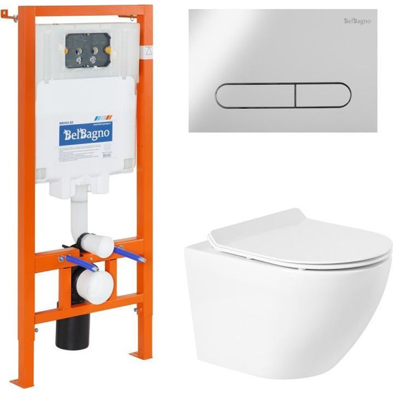 Инсталляция с подвесным безободковым унитазом BelBagno Sfera-R BB046CHR/BB2111SC/BB002-80/BB005-PR-CHROME (кнопка смыва Prospero, хром глянцевый) - фото 