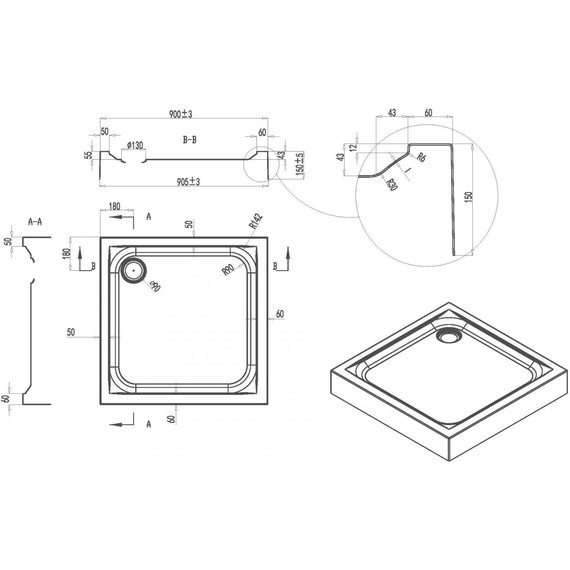 Поддон акриловый Am.Pm Gem 90х90 см W90T-403-090W - фото 3