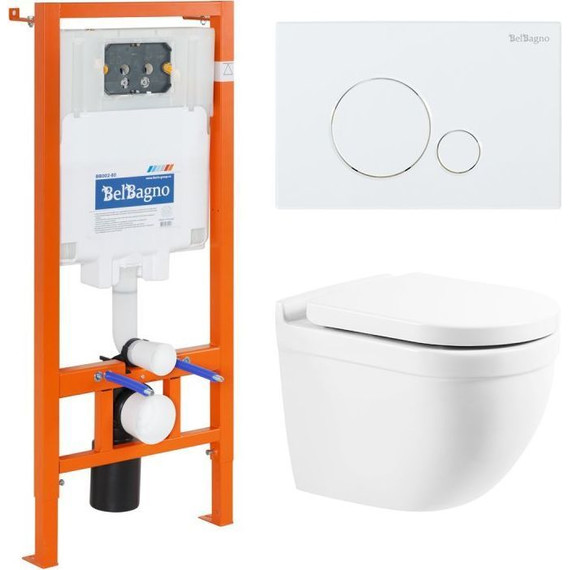 Инсталляция с подвесным безободковым унитазом BelBagno Senso-R BB017CHR/BB865SC/BB002-80/BB014-SR-BIANCO (кнопка смыва Sfera, белый) - фото 