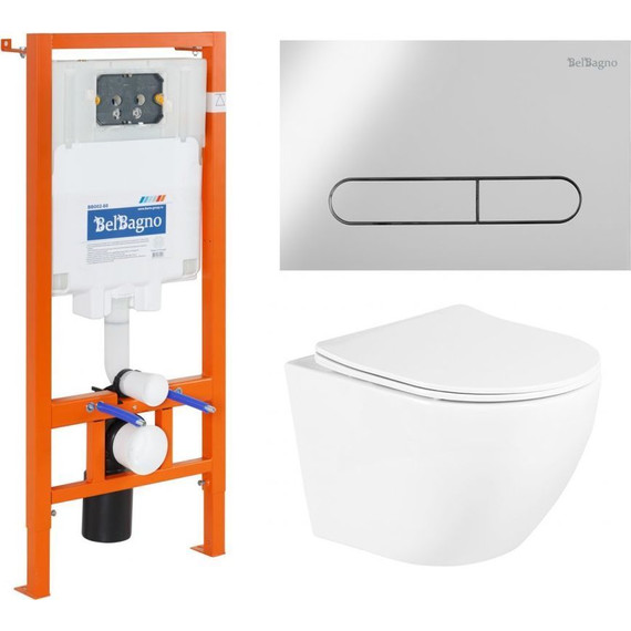 Инсталляция с подвесным безободковым унитазом BelBagno Uno BB3105CHR/SC/BB002-80/BB005-PR-CHROME (кнопка смыва Prospero, хром) - фото 
