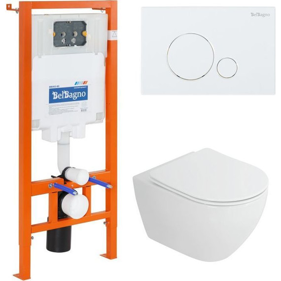 Инсталляция BelBagno с подвесным безободковым унитазом Cezares Stylus-Tor CZR-6601-TH-TOR/CZR2316SC/BB002-80/BB014-SR-BIANCO (кнопка смыва Sfera, белый) - фото 
