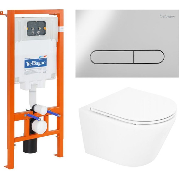 Инсталляция с подвесным безободковым унитазом BelBagno Tre BB8001CHR/SC/BB002-80/BB005-PR-CHROME - фото 