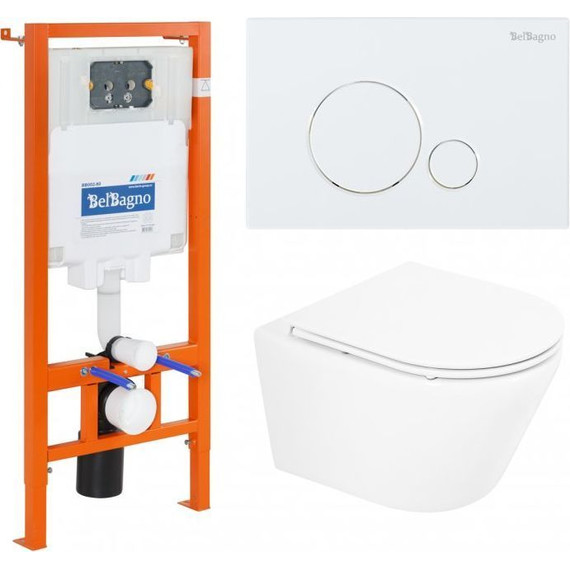 Инсталляция с подвесным безободковым унитазом BelBagno Tre BB8001CHR/SC/BB002-80/BB014-SR-BIANCO - фото 