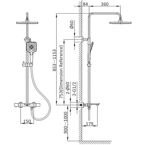 Душевая стойка с термостатом Vincea Next VSFS-1N1TMB, черный матовый - фото 10