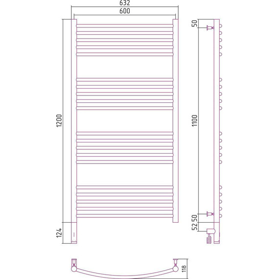 Полотенцесушитель электрический Сунержа Богема 3.0 П20 1200x600 мм (выгнутая перемычка) 31-5802-1260 L, чёрный матовый - фото 5