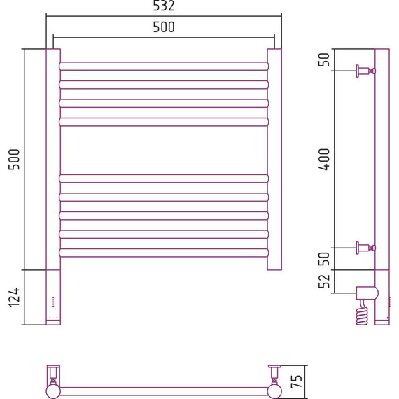 Полотенцесушитель электрический Сунержа Богема 3.0 П9 500x500 мм (прямая перемычка) 05-5804-5050 L, состаренная бронза - фото 5