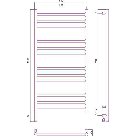 Полотенцесушитель электрический Сунержа Богема 3.0 П20 1200x600 мм (прямая перемычка) 31-5804-1260 L, чёрный матовый - фото 5