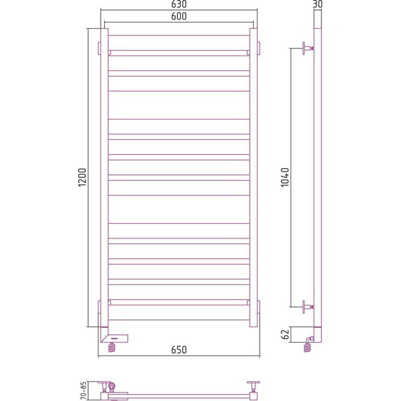 Полотенцесушитель электрический Сунержа Центурион 2.0 П12 1200х600 мм 31-5602-1260 L, чёрный матовый - фото 5