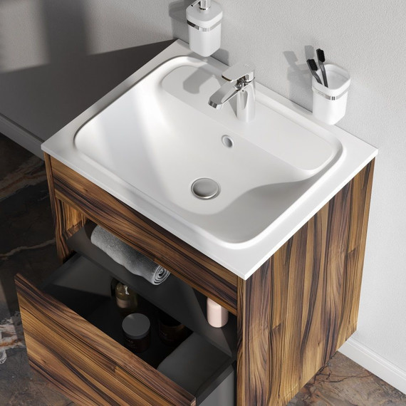 Тумба подвесная с раковиной Am.Pm Func 60 см M8FFUX0601OF, дуб крафт, Цвет фасада: тёмное дерево - фото 3