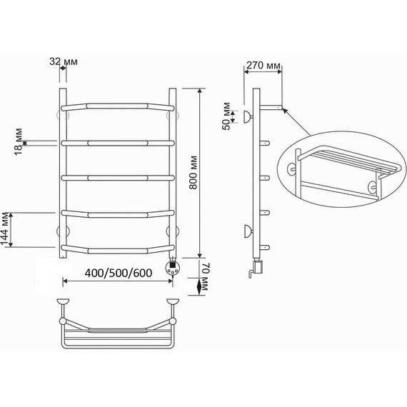 Полотенцесушитель электрический Secado Агата 3 с полкой П6 500x800 мм (возможность скрытого подключения) бронза - фото 4