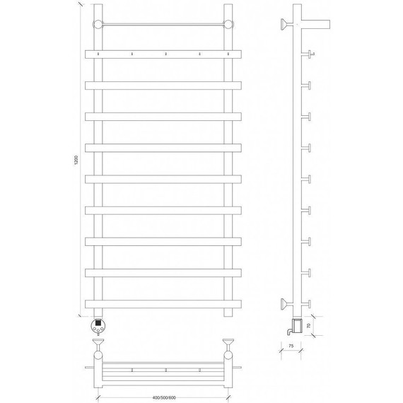 Полотенцесушитель электрический Secado Понтида 1 КСП с полкой П10 500x1200 мм (возможность скрытого подключения) - фото 3