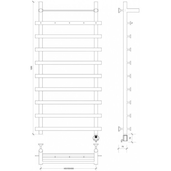 Полотенцесушитель электрический Secado Понтида 1 КСП с полкой П10 600x1200 мм (возможность скрытого подключения) - фото 4