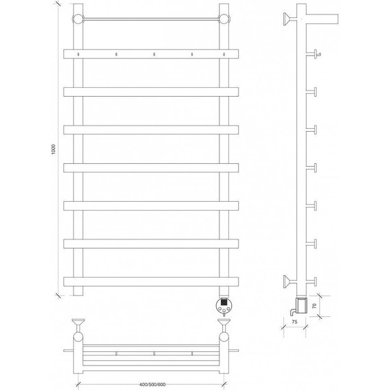 Полотенцесушитель электрический Secado Понтида 1 КСП с полкой П8 600x1000 мм (возможность скрытого подключения) - фото 4