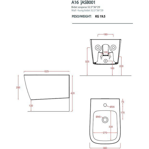 Биде подвесное ArtCeram A16 ASB001 36 00, notte - фото 3