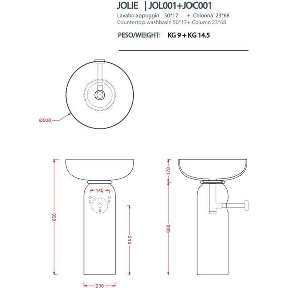 Раковина с пьедесталом ArtCeram Jolie 50 см JOL001 05 00, белый матовый/moka - фото 2