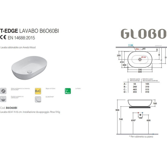 Раковина-чаша Globo T-Edge 60 см B6O60.BO, белый матовый - фото 2