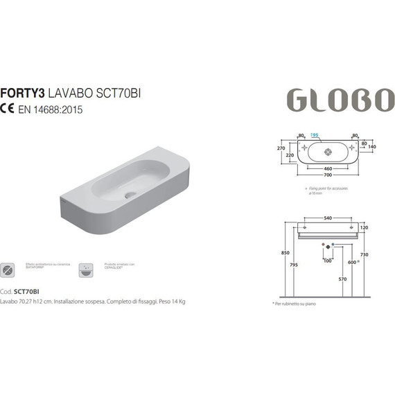 Раковина подвесная Globo Forty3 70 см SCT70.BI - фото 3