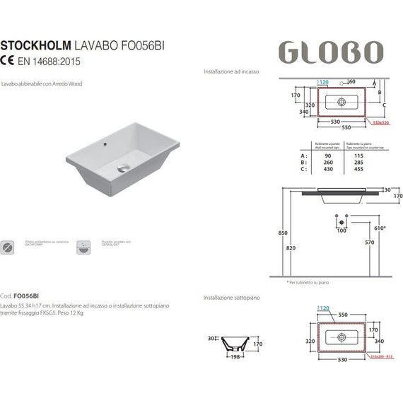 Раковина врезная на столешницу Globo Stockholm 55 см FO056.BI - фото 3