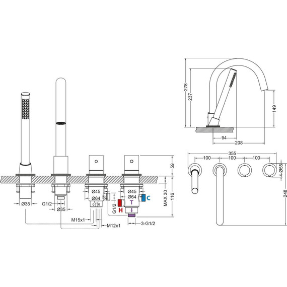 Смеситель для ванны с термостатом Timo Saona 2330/17Y, золото матовое - фото 2