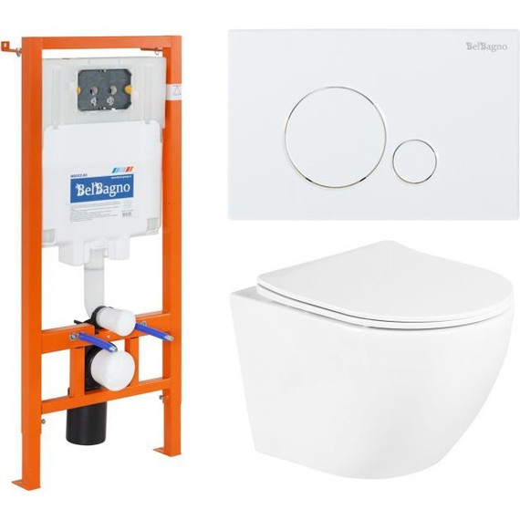 Инсталляция с подвесным безободковым унитазом BelBagno Uno BB3105CHR/SC/BB002-80/BB014-SR-BIANCO (кнопка смыва Sfera, белый) - фото 