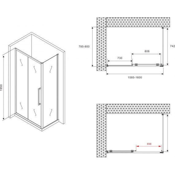 Душевое ограждение Abber Schwarzer Diamant 160x80 см AG30160BMH-S80BM, чёрный/матовое - фото 5