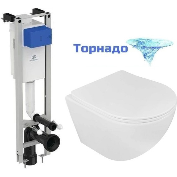 Инсталляция с подвесным унитазом комплект: Ideal Standard Prosys Eco Frame M E233267 с подвесным безободковым унитазом Loranto Ester 87265 сиденье микролифт, крепление (Система смыва торнадо) - фото 