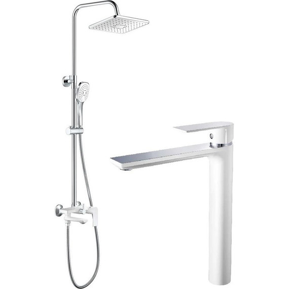 Душевой комплект Haiba: Душевая стойка HB24505-8 + смеситель для раковины высокий HB11505-8, цвет белый/хром - фото 