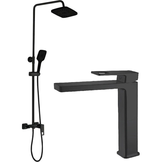 Душевой комплект Haiba: Душевая стойка HB24615-7 + смеситель для раковины высокий HB11615-7, цвет чёрный матовый - фото 