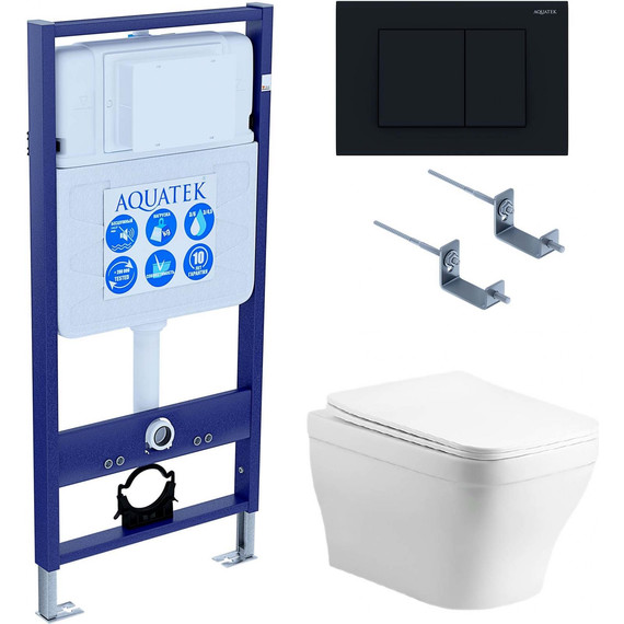 Инсталляция с подвесным унитазом комплект: Aquatek Set INS-0000012 с подвесным безободковым унитазом Амадео AQ1180-00 сиденье микролифт, крепление, кнопка смыва чёрная матовая - фото 