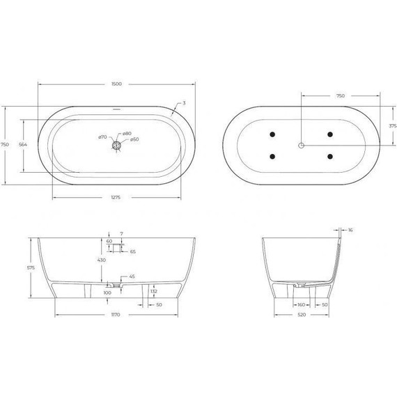 Ванна отдельностоящая Cezares Relax 150x75 см CZR-RELAX-150-75-57-SSB, белый матовый - фото 8