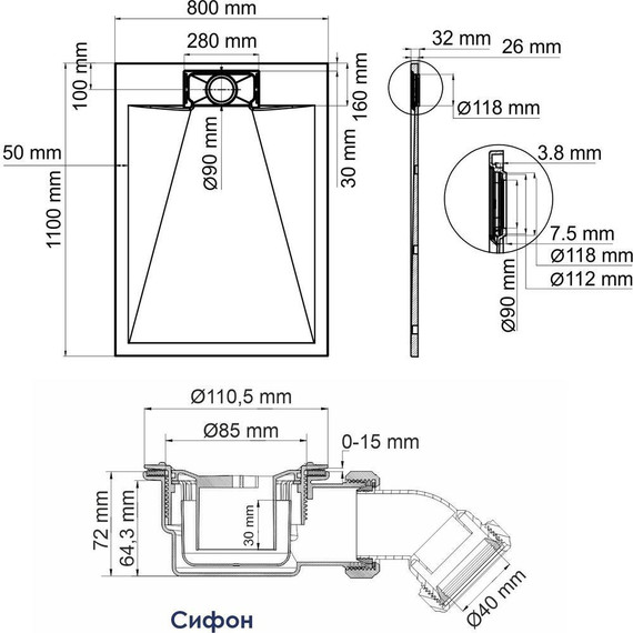 Поддон SMC WasserKraft Elbe 110х80 см 74T14, чёрный - фото 2