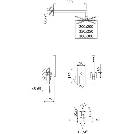 Душевая система для душа Cezares PORTA-DSIPQ-30-NOP (верхний душ 300x300 мм) чёрный матовый, Цвет производителя: чёрный матовый - фото 4